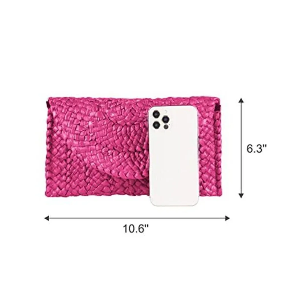 Woven Straw Clutch Bag Envelope Summer Beach Purse Women Pink